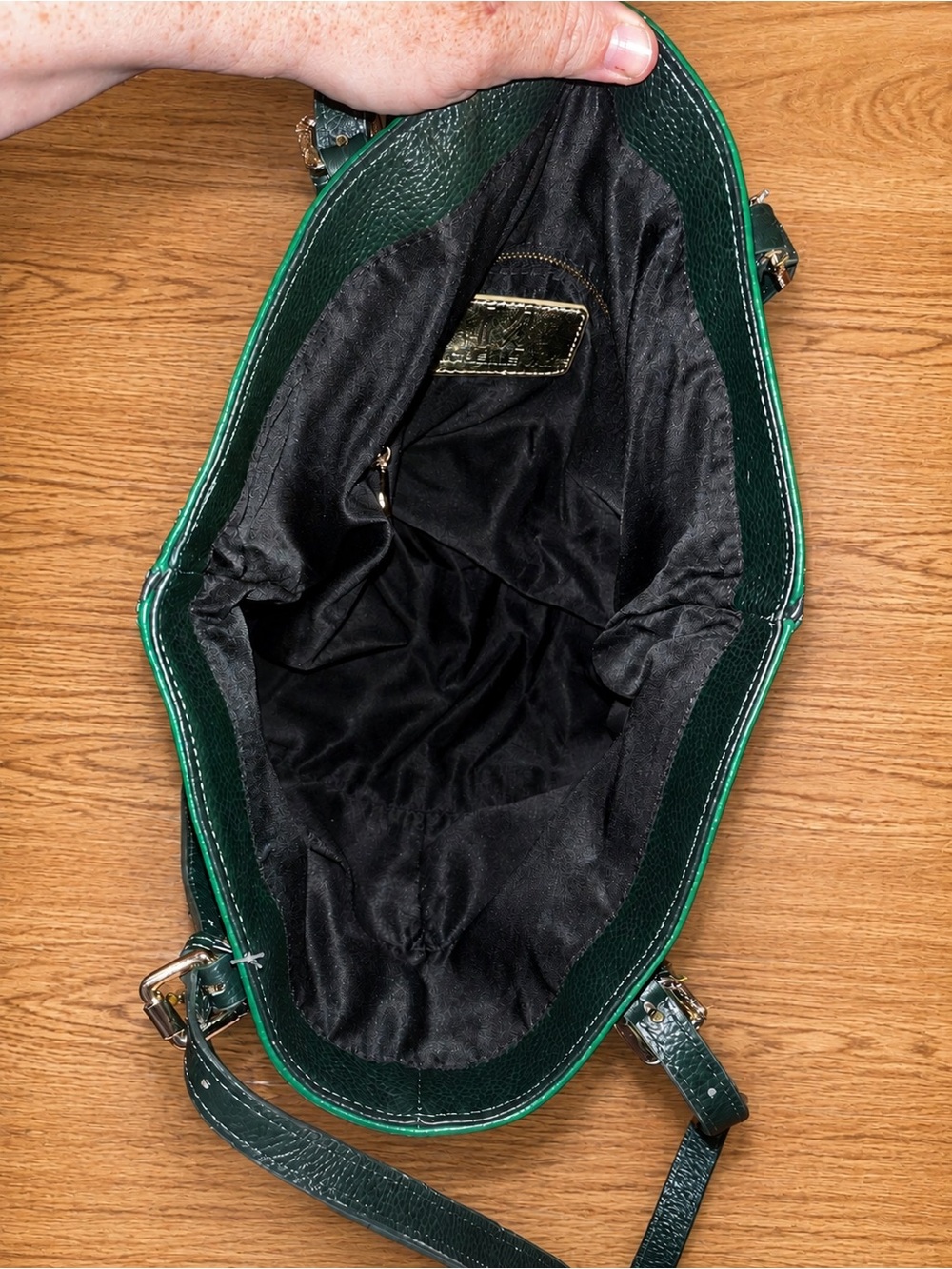 Michelle Vale Leather Green Black Colorblock Shoulder Bag Removable Zip Pouch - Picture 5 of 9